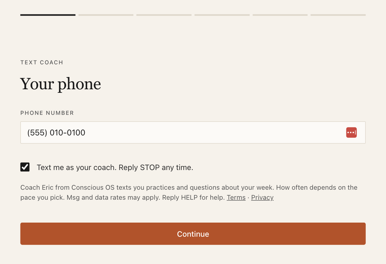 The phone screen of Text Coach setup: a phone number field, the consent checkbox, and the disclosure under it
